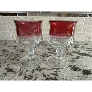 Vintage Ruby Flash Kings Crown Thumbprint Mini Wine Cordial Glasses Set of 2